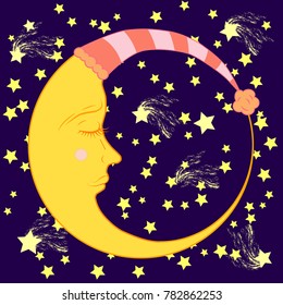 Full month in a sleeping cap with a closed eye in a blue night sky with stars