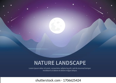 Full mood mountains landscape. Nigh sky with full moon and star. With place for text. Vector illustration