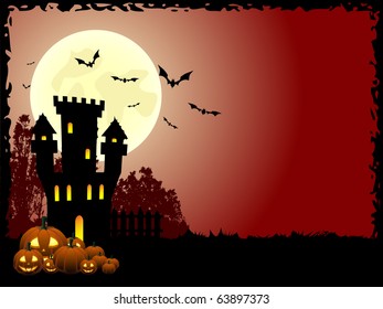 Full moon above haunted castle at Halloween