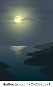 Full moon above the river in the cloudy sky in the dark night, vector illustration of beautiful nature, perfect for wallpaper, book cover, picture postcard