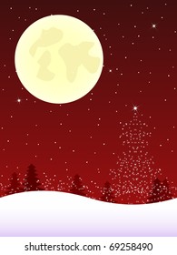 Full moon above snow tree