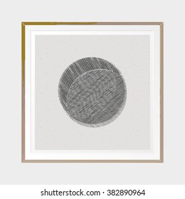 Full Moon. Abstract poster. Wooden square thin frame. Scandinavian style. Hand drawn ink textures. Stock vector.
