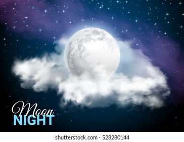 Full Moon Against the background of the Milky Way. Mystical Sky Moonlight night. Clouds and stars. Realistic clouds. Shining Stars on dark blue sky. Vector illustration background.