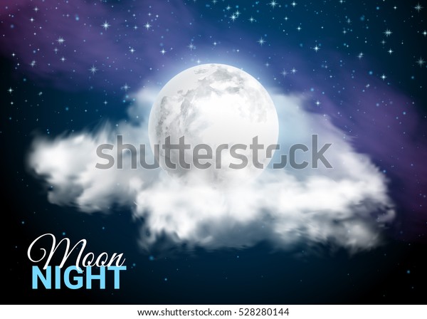 天の川の背景に満月 神秘的な空の月夜 雲と星 リアルな雲 暗い青い空に星が輝いている ベクターイラストの背景 のベクター画像素材 ロイヤリティフリー