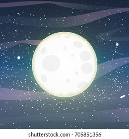 A full moon against the background of the night sky with stars, constellations, asteroids, nebulae and clouds