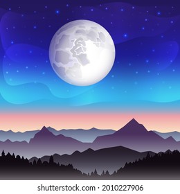 full moon against the background of the starry sky and mountains, night landscape in the haze and hills in the background