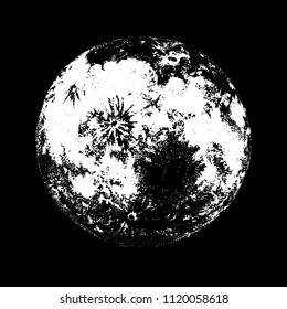 Full moon against hand drawn on black background. Drawing of celestial body, lunar astronomical object or satellite in outer space. Monochrome vector illustration hand drawn in modern dotwork style