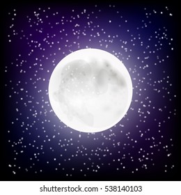 Full moon among the stars. Bright moonlight. Night sky, space. Vector illustration EPS 10