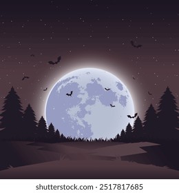 Full Moon Amongst Rows of Pine Trees