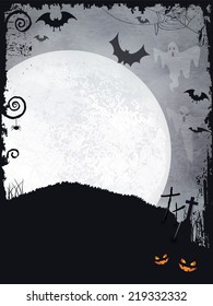 Full moon background with ghosts, bats, crosses, pumpkins and a big full moon. A creepy backdrop just perfect for any Halloween design.