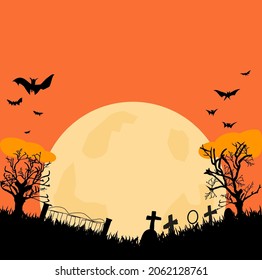 full moon background on cemetery graveyard tombstone haunted tree and bat in orange halloween night copy space