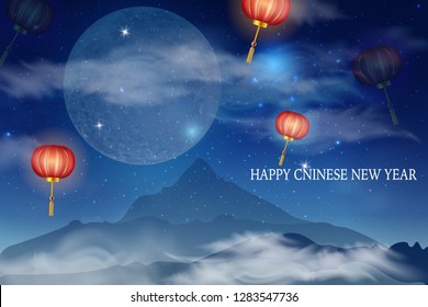 Full moon background for traditional of Chinese Mid Autumn Festival or Lantern Festival - Vector. Chinese lanterns in the night sky. 
