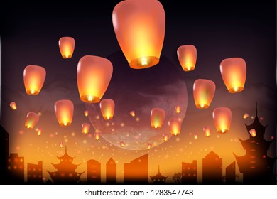 Full moon background for traditional of Chinese Mid Autumn Festival or Lantern Festival - Vector. Chinese lanterns in the night sky. 