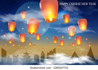 Full moon background for traditional of Chinese Mid Autumn Festival or Lantern Festival - Vector. Chinese lanterns in the night sky. 