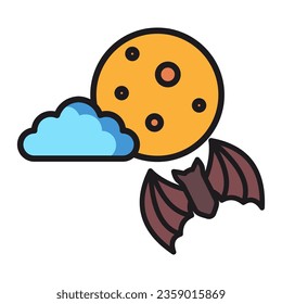 Full moon and bat, vampire, halloween line icon, halloween concept, horror night vector sign on white background.