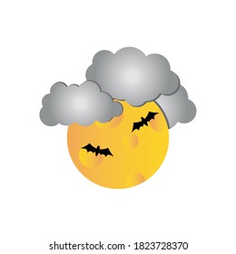 full moon with bats flying and clouds over white background, flat style, vector illustration