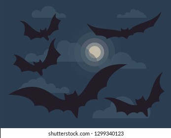 Full moon and bats flying. Bats silhouette in the night sky. Mystical background.