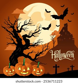  A full moon bats a haunted house a spooky tree jack o lanterns a graveyard and the word Halloween in a spooky font The overall atmosphere is dark and eerie