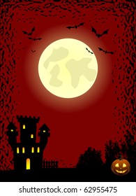 Full moon and bats over the haunted castle
