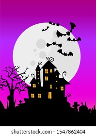 Full moon with bats, spooky trees and mysterious house. Halloween background.