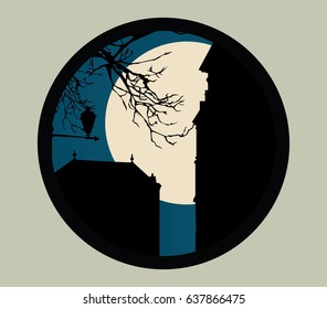 Full moon beside buildings, street light and tree branches
vector illustration, flat icon