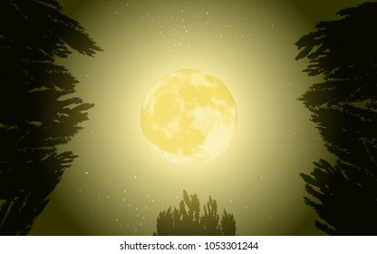 Full moon between a bunch of trees in forest at night time, Eps 10 vector