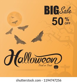 Full moon & Big tree with Halloween calligraphy abstract background.Halloween vector lettering.Halloween calligraphy vector design layout for Halloween background, flyers, posters, banners and party 