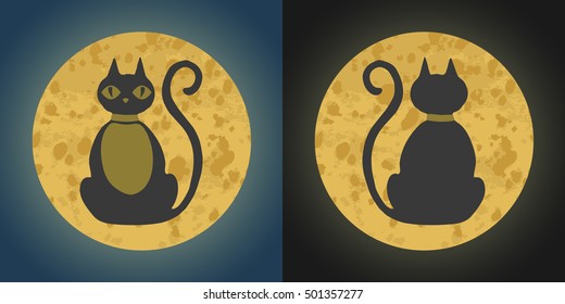 Full Moon with black cat on a Blue and black Sky. Vector halloween Illustration