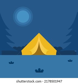 Full Moon Blue Background With Camping Tent And Trees.