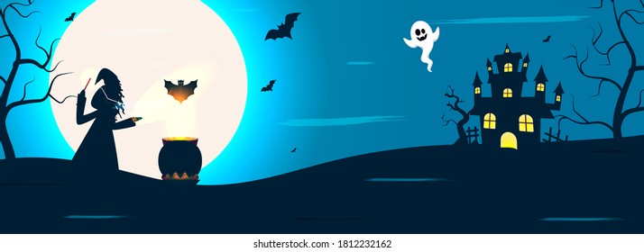 Full Moon Blue Background with Female Witch Doing Magic from Magical Stick, Boiling Cauldron, Bats, Ghost, Bare Trees and Haunted House.