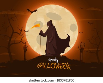 Vollmond Bronze-Hintergrund mit seltenen Bäumen, Skeletthandschuhen, fliegenden Fledermäusen und grimmiger Illustration für ein tolles Halloween-Fest.