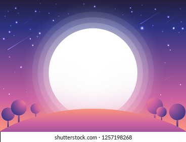 Full moon cartoon vector illustration background.Twilight sky,mountain,tree and shooting stars design concept.Purple pink blue color night scence background.