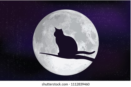 Full moon with cat cats Silhouette of animal in night sky with full moon Night sky with stars Moonlight love blue Vector eps Fun Funny meow halloween hush Equinox