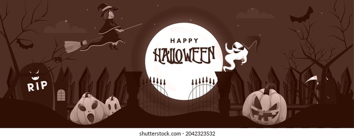 Full Moon Cemetery Brown Background With Flying Witch, Cartoon Ghost, Scary Pumpkins And Grim Reaper On The Occasion Of Halloween Party. 