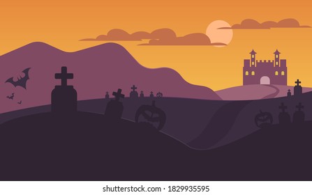Full moon, cemetery, graves, pumpkins for Halloween, castle on the mountain.