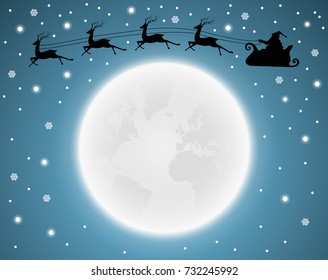 Full moon Christmas and winter background with santa claus