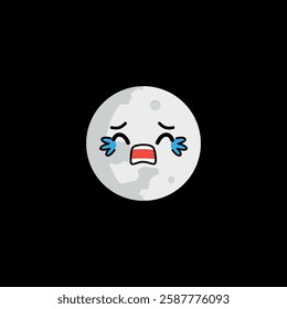 Full moon clipart with teary face expression on black background.