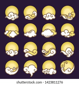 Full moon with the cloud icons vector set. Oriental and modern clouds with golden moon night logo template. 