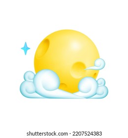 Full moon and clouds icon. 3d design element yellow planet with craters isolated on white background. Vector cartoon illustration