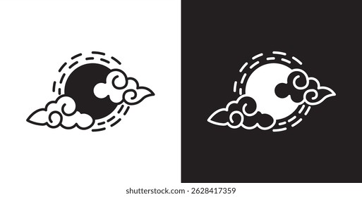 Full moon and clouds icon. Flat icon of moon and clouds with depicting cloudy night weather. Clouds vector illustration icon in transparent and black background.