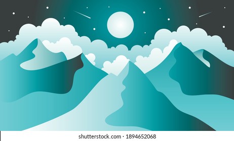 Full moon with clouds and mountains. Unbelievable mountain landscape. Vector illustration. Exciting view. Nature abstract mountain landscape
