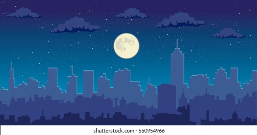 Full Moon And Clouds Over Night City Silhouette
Vector Cityscape Illustration