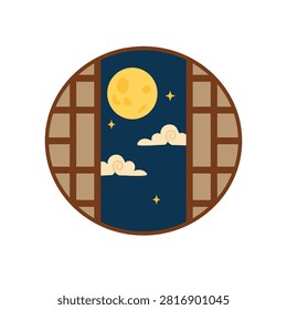 Full Moon and Clouds Seen Through Traditional Window Illustration. Full Moon in Night Sky Behind Window. Moonlit Night View.