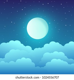 Full moon with clouds and stars in the night sky. Vector illustration