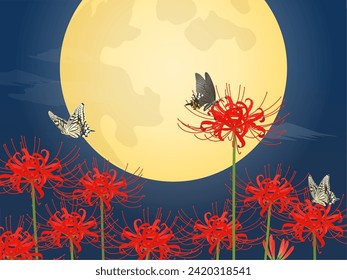 Full moon, cluster amaryllis, and swallowtail butterfly