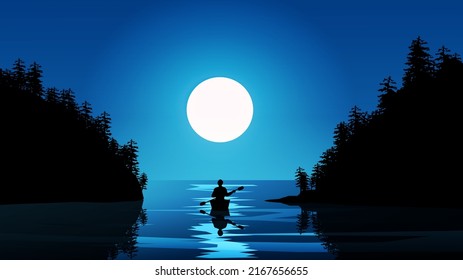 Full moon in coast with a man on canoe