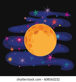 Full moon and colorful stars. Picture of moon with craters on night sky background. Vector Illustration