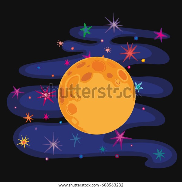Full moon and colorful\
stars. Picture of moon with craters on night sky background. Vector\
Illustration
