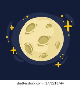 Full moon with craters and pattern around bright stars bewitching blue night sky. Science astronomy Earth satellite in space. Vector illustration isolated on background.
