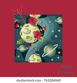  Full moon with craters, planets stars in the night sky. Happy birthday greeting card in red frame.
